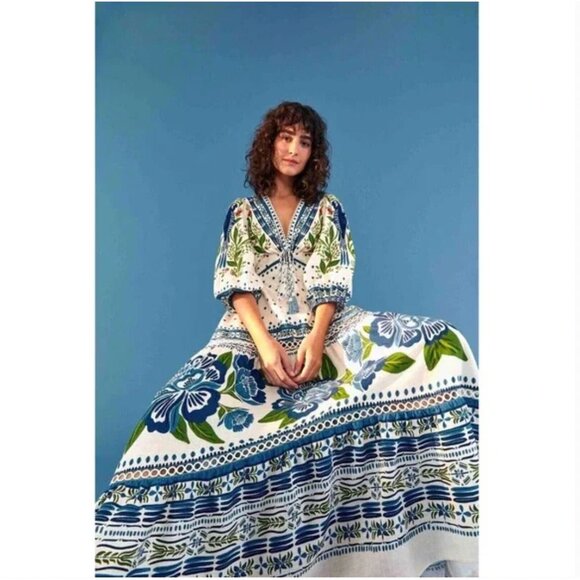 Farm Rio Off White Macaw Flight Maxi Dress L Boho Linen Blend Tiered Summer - Picture 3 of 14